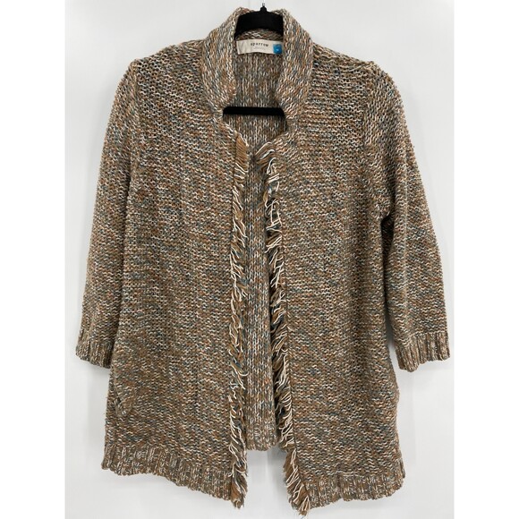 SPARROW ANTHROPOLOGIE Loose Knit Fringe Open Cardigan Brown Green Size M - Picture 2 of 9